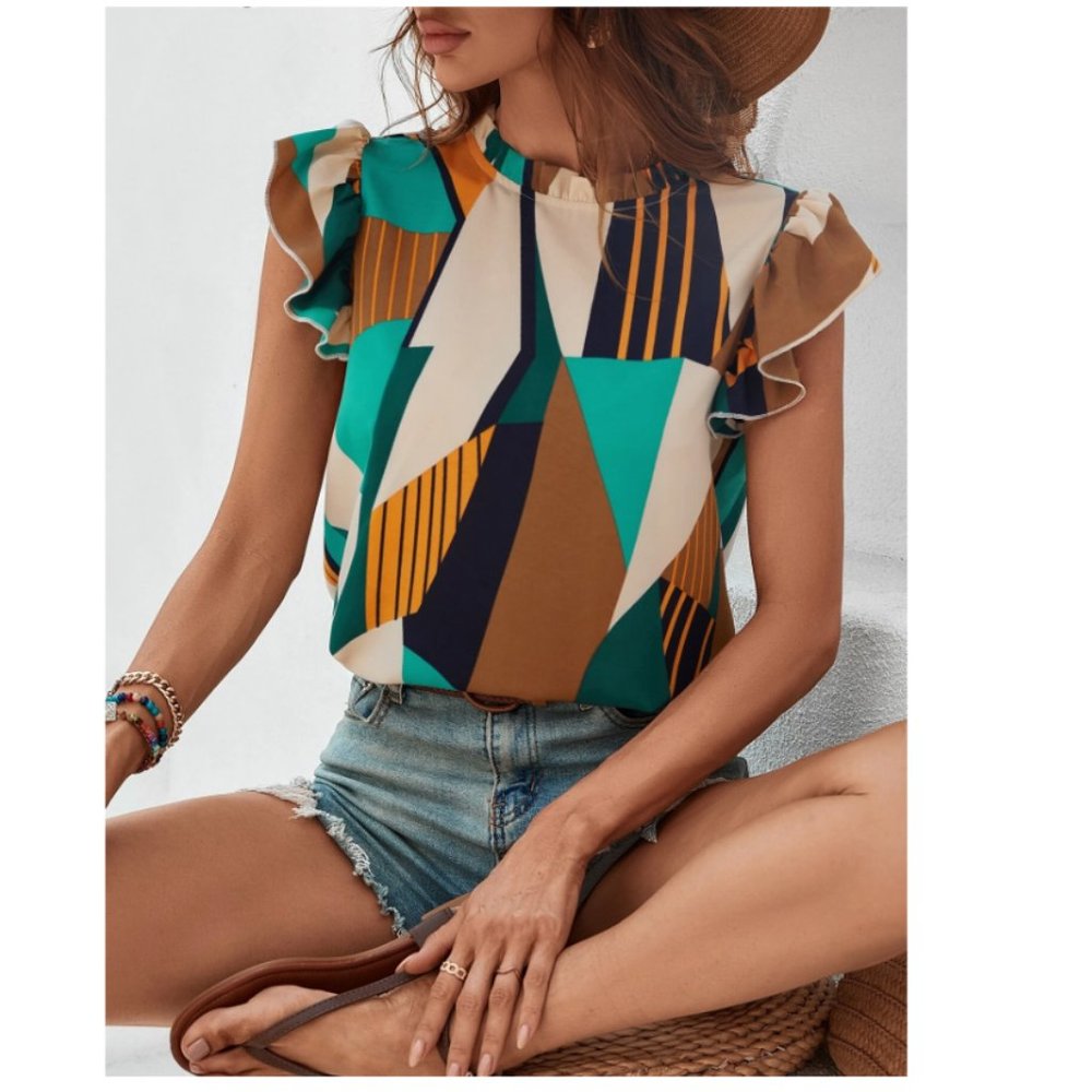 SHEIN VCAY Mock Neck Frill Trim Ruffle Blouse Multicolor Size XL